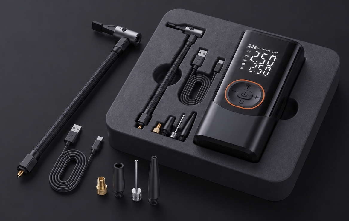 Black tool kit with digital display on a dark background